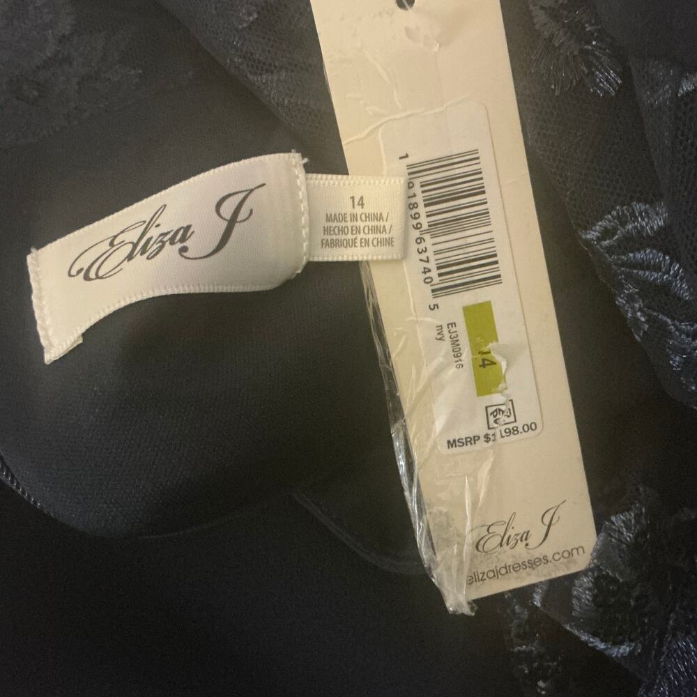 Eliza J Blue Evening Gown Sequined Lace Long Sleeve A-Line Formal Dress Size 14 - Picture 10 of 12